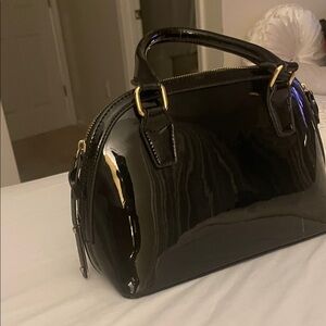 BCBG Black Patent Dome Satchel with Gold Hardware